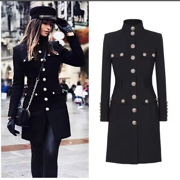 Women's Black Military Style Coat - Picture 1 of 8